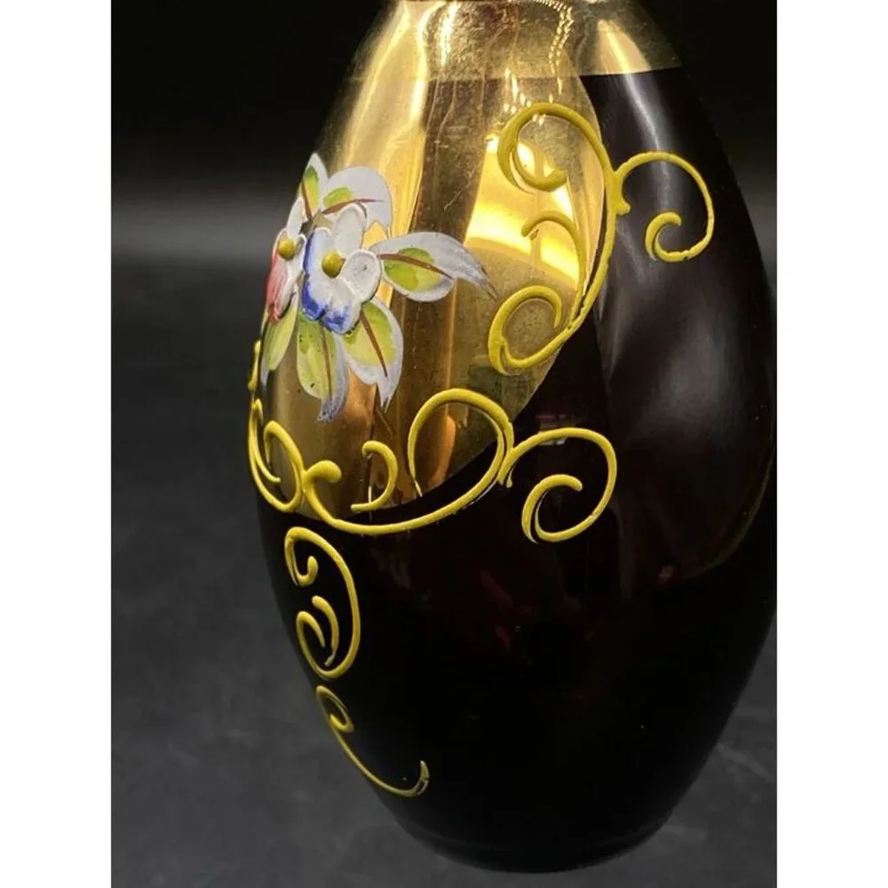 Bohemian Amethyst Purple Glass Vase Enamel Flowers with 24k Gold Vintage 6.25”